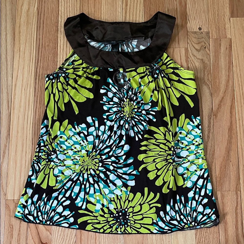 Y2K IZ Byer Top Womens Small Brown Green Floral Print Halter Keyhole Retro